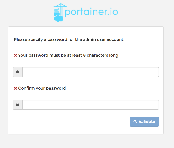 Portainer specify admin password screen